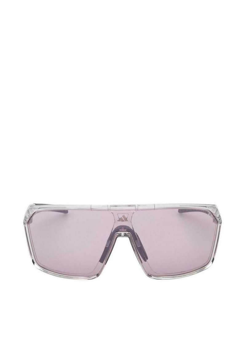 Occhiali da sole trasparenti oversize con lenti rosa sfumate. Presentano un design geometrico della montatura e accenti testurizzati sulle asticelle.