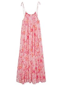 Rosa blomsterkjole med justerbare spaghetti stropper, samlet halsudskæring og lagdelt skørt. Har intrikate mønstre i nuancer af pink og orange.