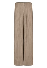 Wijduitlopende broeken gemaakt van geplooide stof in een zachte beige kleur. Heeft een elastische tailleband voor een gemakkelijke pasvorm en een vloeiende uitstraling.