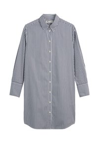 Gestreepte button-up shirt in marineblauw en wit, met lange mouwen, een klassieke kraag en witte knopen aan de voorkant. Gelaagd stof.