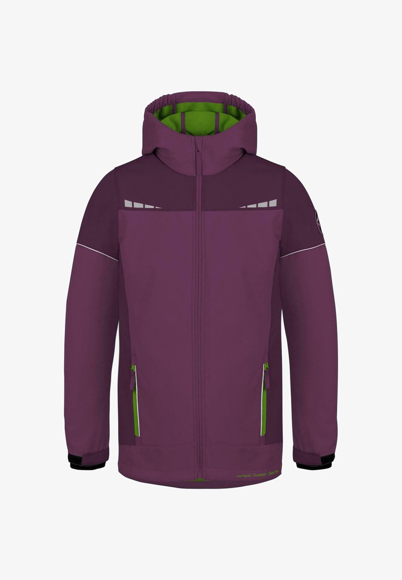 Lila Outdoorjacke mit grünem Innenfutter, ausgestattet mit Reißverschlusstaschen, reflektierenden Akzenten und einer eng anliegenden Kapuze.