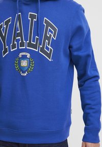 Felpa blu con la scritta "YALE" in lettere bianche in grassetto, con un design centrale dello stemma in verde e blu, tessuto testurizzato e cappuccio.