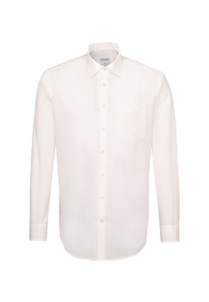 Chemise blanche à manches longues avec col pointu et poche poitrine, présentée à plat sur un fond blanc.