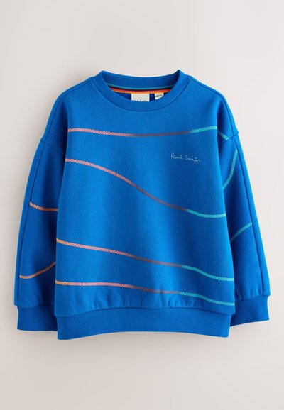 Blue long-sleeve sweatshirt with multicolored wavy lines and "Paul Smith" logo on the chest, ribbed cuffs and hem.