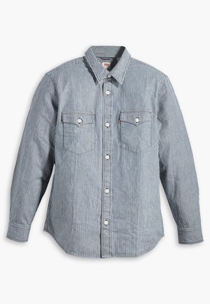 Zils un balts svītrains krekls ar garām piedurknēm, ar pogu aizdari priekšpusē, divām krūšu kabatām, apkakli, mīkstu audumu, standarta piegriezumu, klasisku dizainu.