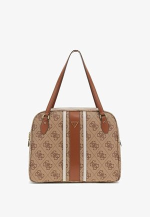 Sac à main marron à motifs avec des accents beiges, deux poignées en cuir marron, quincaillerie dorée et une bande décorative centrale verticale.