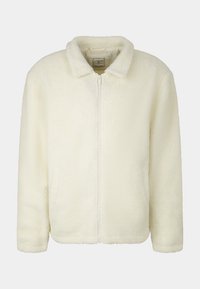 Cream-colored fleece jacket with a zip front, fold-over collar, and long sleeves. Soft texture and side pockets.