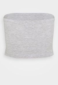 Pružná, světle šedá látková trubice, bezšvový design, jemná textura, mírně zaoblené horní okraje, bez viditelných log nebo dalších detailů.