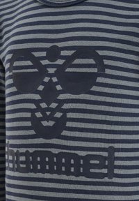 Stripet langermet skjorte i marineblå og grå. Har et stort grafiktrykk av et stilisert logo og tekst på forsiden. Glatt bomullstekstur.