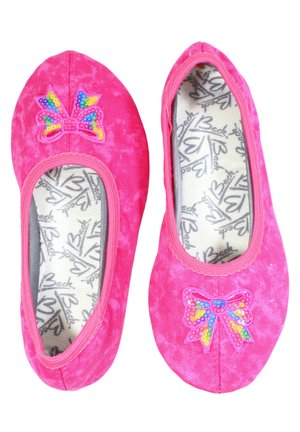 Rosa Stoff-Ballerinas mit strukturiertem Obermaterial und buntem Schleifenapplikation mit Pailletten auf jeder Zehe. Innen mit bedrucktem Logo.