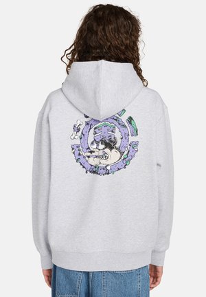 Grijze hoodie met een kleurrijk cartoonontwerp op de rug, met een cirkelpatroon en een gestileerd figuur. Geribbelde manchetten en zoom.