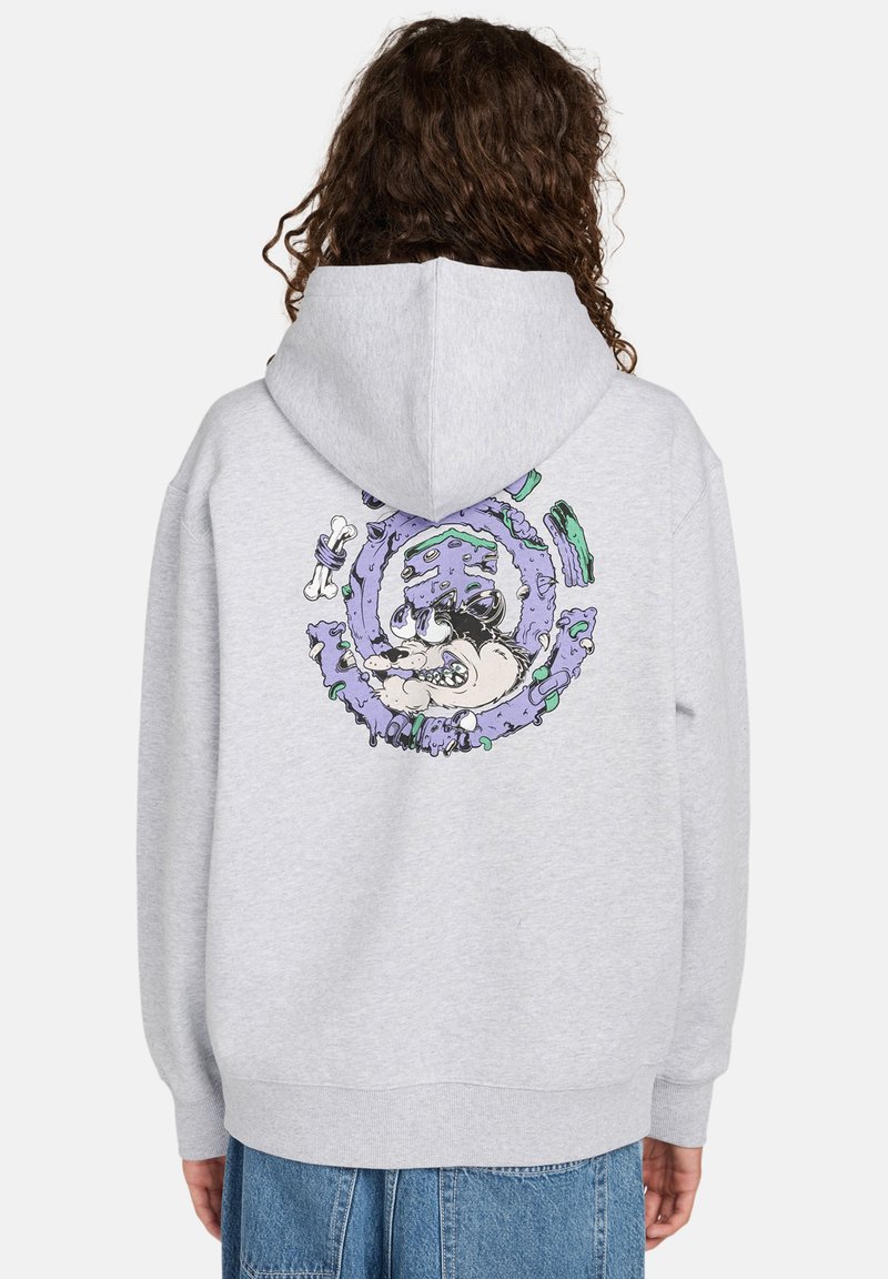 Sudadera con capucha gris que presenta un colorido diseño de dibujos animados en la parte posterior con un patrón circular y un personaje estilizado. Puños y dobladillo acanalados.
