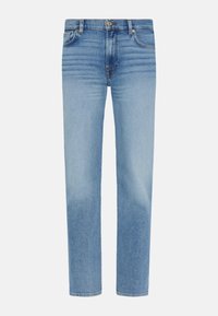 Jeans in denim azzurro chiaro con un design a gamba dritta, stile a cinque tasche e chiusura con bottone in ottone. Texture liscia con un leggero effetto sbiadito.