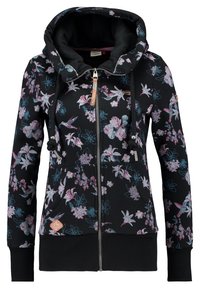 Zwarte zip-up hoodie met bloemenpatroon, featuring roze en blauwe bloemen, een gevoerde capuchon, trekkoorden en voorzakken.
