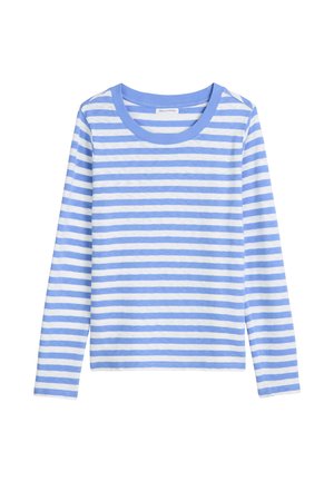 Langarm-T-Shirt mit hellblauen und weißen horizontalen Streifen. Weiches Baumwollmaterial und klassischer Rundhalsausschnitt.