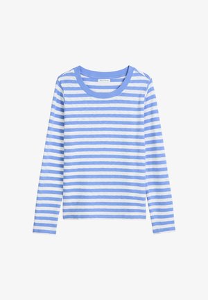 Langarm T-shirt met lichtblauwe en witte horizontale strepen. Zacht katoen en een klassieke ronde hals.