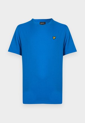 Kurzärmliges T-Shirt aus knallblauer Baumwolle mit einem kleinen, gelb gestickten Logo auf der linken Brustseite. Klassisches Rundhalsausschnitt-Design.