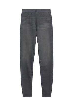 Jeans elásticos grises con una textura suave, diseñados con una cintura de media altura, cuatro bolsillos y un corte ajustado. La tela presenta sutiles patrones de desgaste.