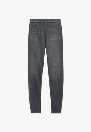 Grijze stretchjeans met een gladde textuur, ontworpen met een middel hoge taille, vier zakken en een slim fit. De stof heeft subtiele vervagingspatronen.