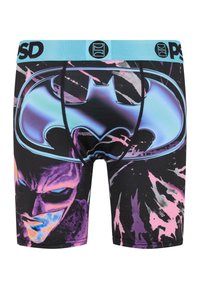 Des boxers Batman présentent un design graphique multicolore avec des accents noirs, violets et roses, et une ceinture bleu clair.