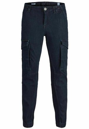 Cargo broeken van donkergewassen spijkerstof, voorzien van zijzakken, taps toelopende pijpen en elastische boorden bij de enkel voor een aansluitende pasvorm.