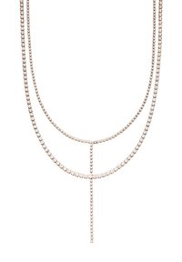 Halskette aus Roségold mit zwei Strängen klarer Kristalle. Sie zeichnet sich durch eine elegante Y-Form mit einem vertikalen Tropfen aus, der funkelnde Akzente präsentiert.