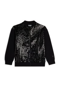 Chaqueta negra con cremallera que presenta un panel frontal con lentejuelas y efecto degradado. Puños y cuello acanalados, con un logo en la manga izquierda.