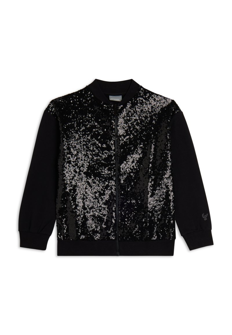 Chaqueta negra con cremallera que presenta un panel frontal con lentejuelas y efecto degradado. Puños y cuello acanalados, con un logo en la manga izquierda.