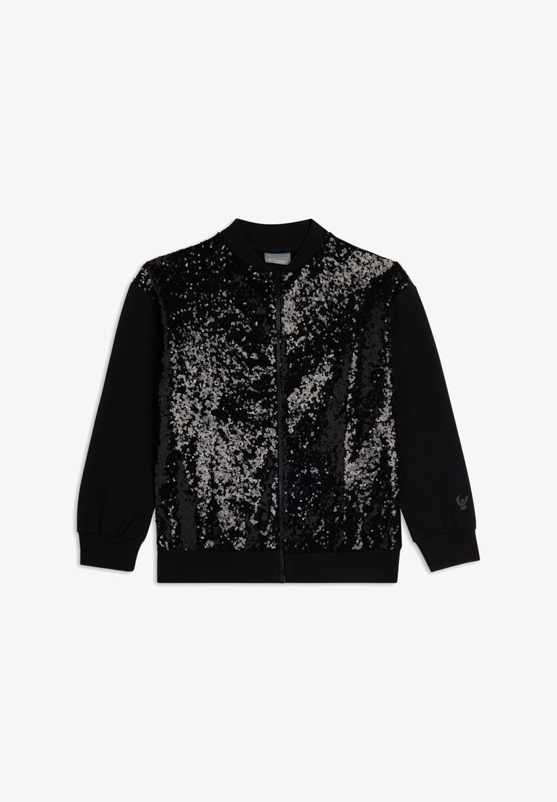Chaqueta negra con cremallera que presenta un panel frontal con lentejuelas y efecto degradado. Puños y cuello acanalados, con un logo en la manga izquierda.