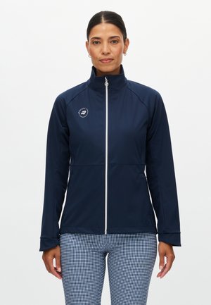 Marineblaue Zip-up-Jacke aus dehnbarem Stoff mit hohem Kragen und Logodetail. Verfügt über enganliegende lange Ärmel und eine glatte Textur.