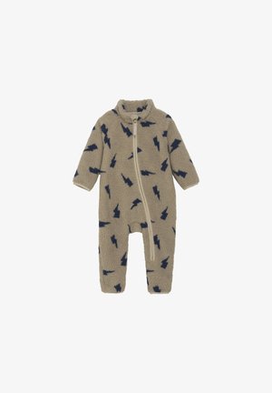 Beige fleeced overall met een marineblauw bliksemflitspatroon, lange mouwen, hoge kraag en een ritssluiting aan de voorkant. Zachte, gestructureerde stof.