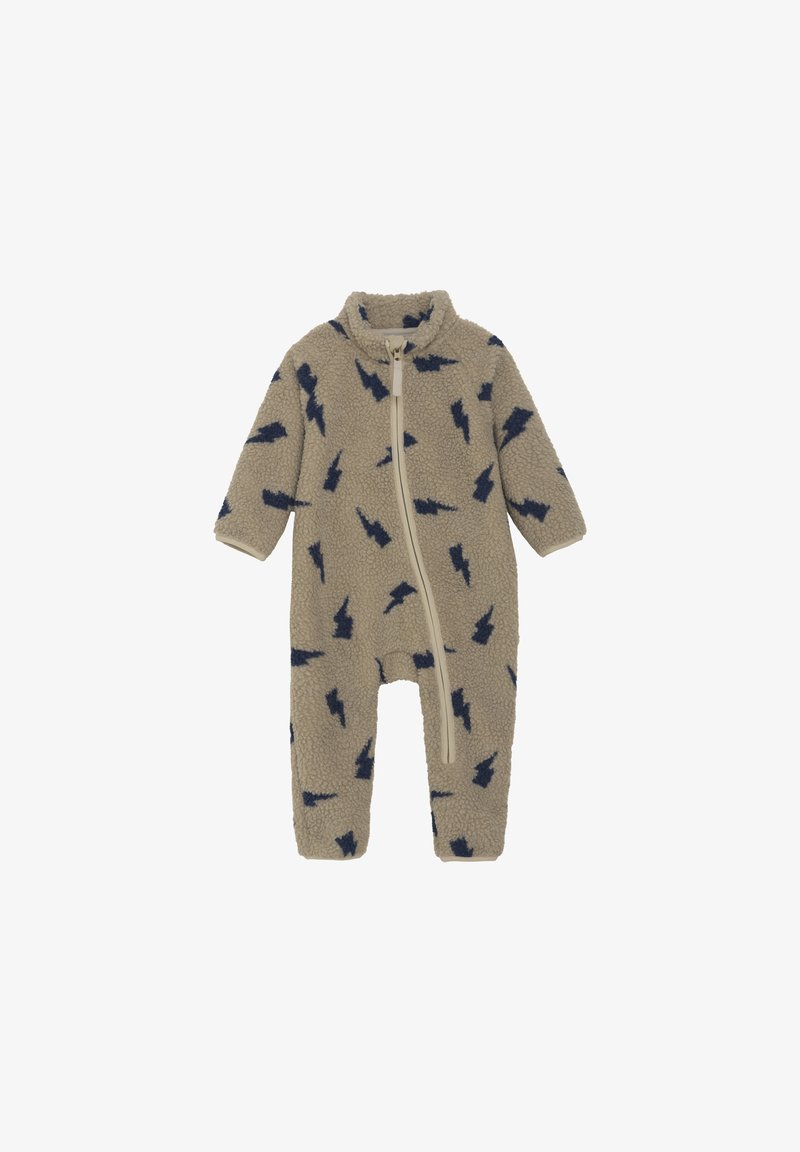 Beige fleeced overall met een marineblauw bliksemflitspatroon, lange mouwen, hoge kraag en een ritssluiting aan de voorkant. Zachte, gestructureerde stof.