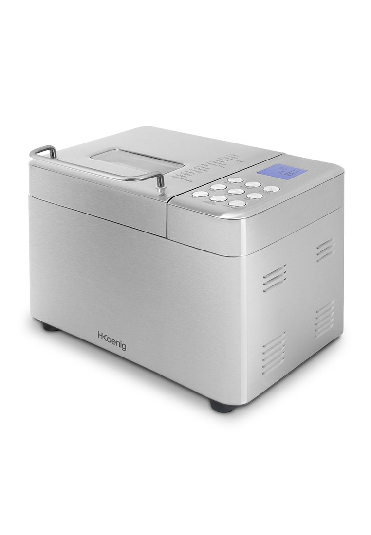 Zilveren broodbakmachine met een rechthoekige vorm, bovenklep, digitaal display, bedieningsknoppen en ventilatieroosters aan de zijkanten.