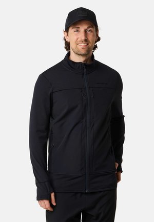 Black zip-up jacket with a high collar, textured panels, two front zip pockets, and a fitted design. Worn with matching dark pants.