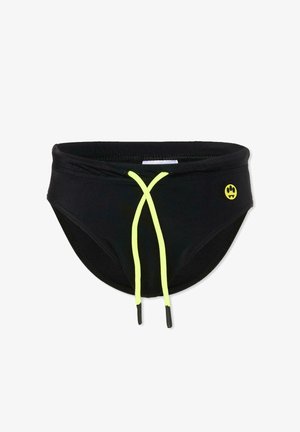 Maillot de bain noir avec cordon de serrage jaune néon et petit logo empreinte de patte jaune sur le côté droit.