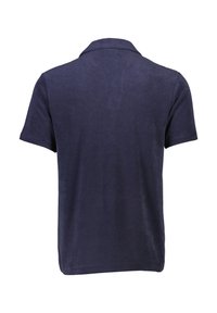 Marineblauwe polo shirt, korte mouwen, zachte katoenen mix, klassieke kraag, achterkant toont een gladde textuur, geen zichtbare logo's of patronen.