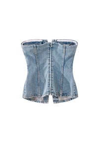 Top in denim azzurro chiaro, caratterizzato da un design strutturato, cuciture verticali e una chiusura centrale con zip. Texture liscia con una forma aderente.