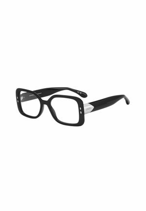 Occhiali rettangolari neri con montature spesse e lenti trasparenti, con due piccoli puntini decorativi su ciascun lato vicino alle cerniere.