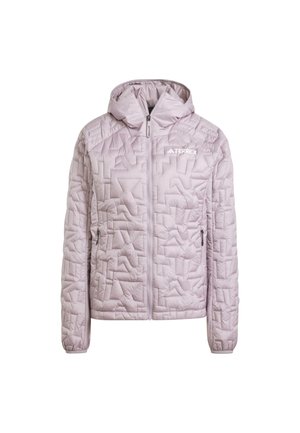 Veste doudoune à capuche lilas clair avec un design matelassé géométrique, fermeture éclair sur le devant, logo sur la poitrine et deux poches zippées sur les côtés.