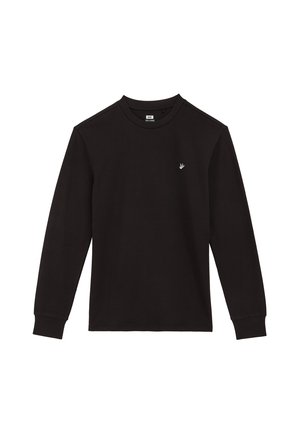 Melnas garas piedurknes T-kreklu, kas izgatavots no kokvilnas, ar ribotu apaļo kakla izgriezumu un nelielu izšuvumu logotipu uz krūšu daļas. Gluda tekstūra.