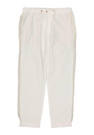 Pantalon court écru avec taille élastique, fermeture par bouton, poches latérales et coupe ample.