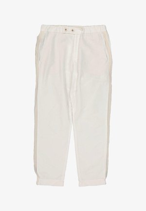 Pantalon court écru avec taille élastique, fermeture par bouton, poches latérales et coupe ample.