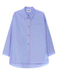 Blue and pink striped long-sleeve shirt, features a collar, button closure, single chest pocket, and curved hem. Made of lightweight fabric.