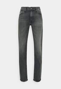 Mörkgrå denimjeans med rak passform, fem fickor och en subtil blekt struktur. Inklusive metallknapp och dragkedjestängning.