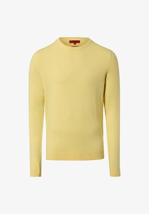Yellow crew-neck sweater with long sleeves, made of soft fabric. Features ribbed cuffs and hem. Simple, solid design without patterns.