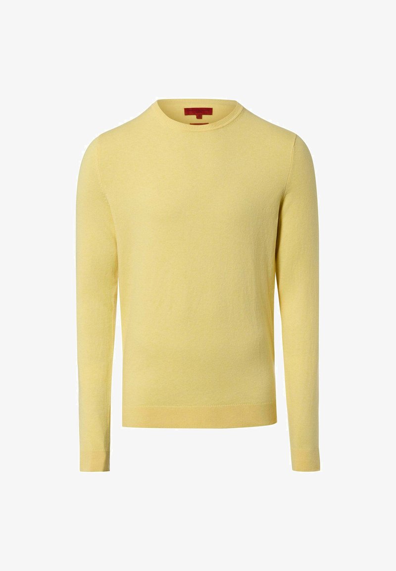 Pull jaune à col rond avec manches longues, en tissu doux. Comprend des poignets et un ourlet côtelés. Design simple et uni sans motifs.