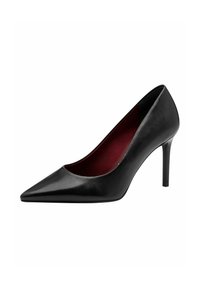 Black leather high heel pump with a pointed toe and a red inner lining, featuring a sleek design and a stiletto heel.