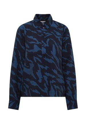 Chemise à manches longues bleu foncé avec un motif abstrait contrastant. Dispose d'un col classique et d'une patte de boutonnage avec des boutons noirs.