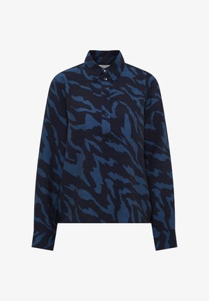 Long-sleeve shirt in dark blue with a contrasting abstract pattern. Features a classic collar and button placket with black buttons.