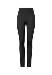 Leggings noirs fabriqués dans un matériau extensible et lisse, avec une taille haute, présentant un design ajusté et une construction sans coutures.